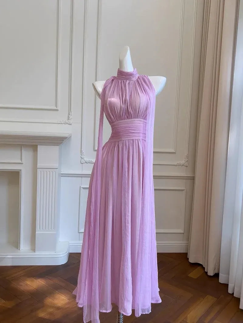 Ethereal A-line Halter-Neck Sleeveless Pearl-Accented Lavender Maxi Prom Dress for Women Custom