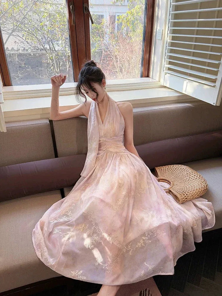 Ethereal A-line Halter-Neck Sleeveless Ruched Blush Maxi Prom Dress for Women ready to ship