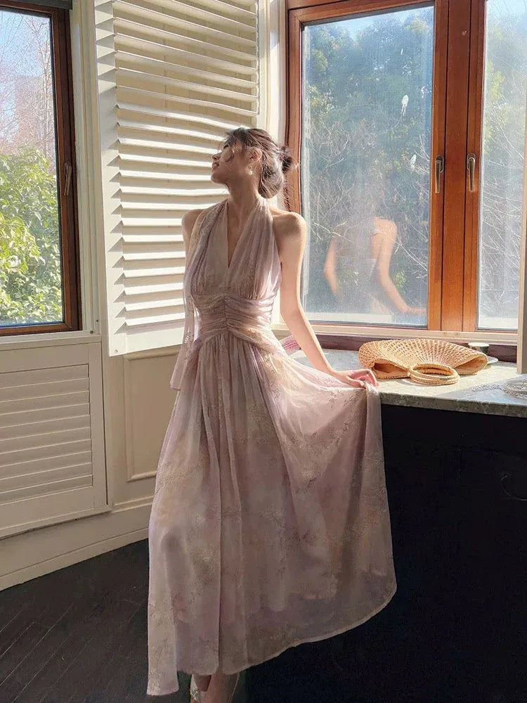 Ethereal A-line Halter-Neck Sleeveless Ruched Blush Maxi Prom Dress for Women ready to ship