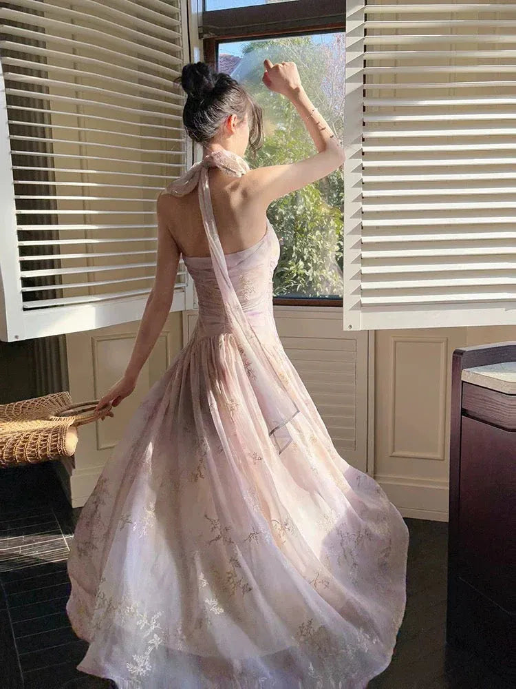 Ethereal A-line Halter-Neck Sleeveless Ruched Blush Maxi Prom Dress for Women ready to ship
