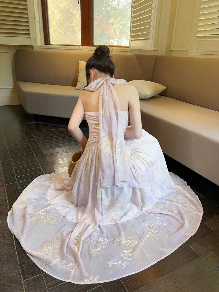 Ethereal A-line Halter-Neck Sleeveless Ruched Blush Maxi Prom Dress for Women ready to ship