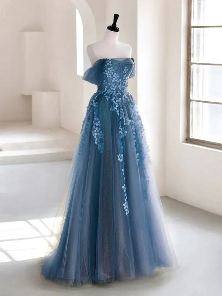 Ethereal A-line Off-Shoulder Sleeveless Floral Appliqué Dusty Blue Floor-Length Prom Dress For Women Ready To Ship