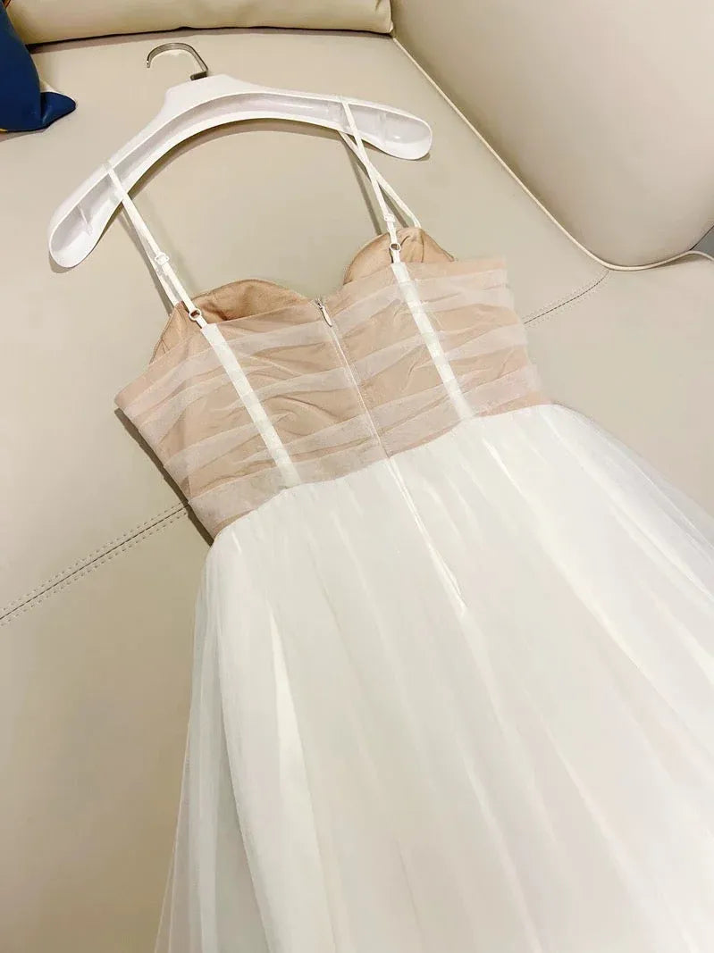 Ethereal A-line Spaghetti-Strap Sleeveless Sheer White Maxi Prom Dress for Women Custom