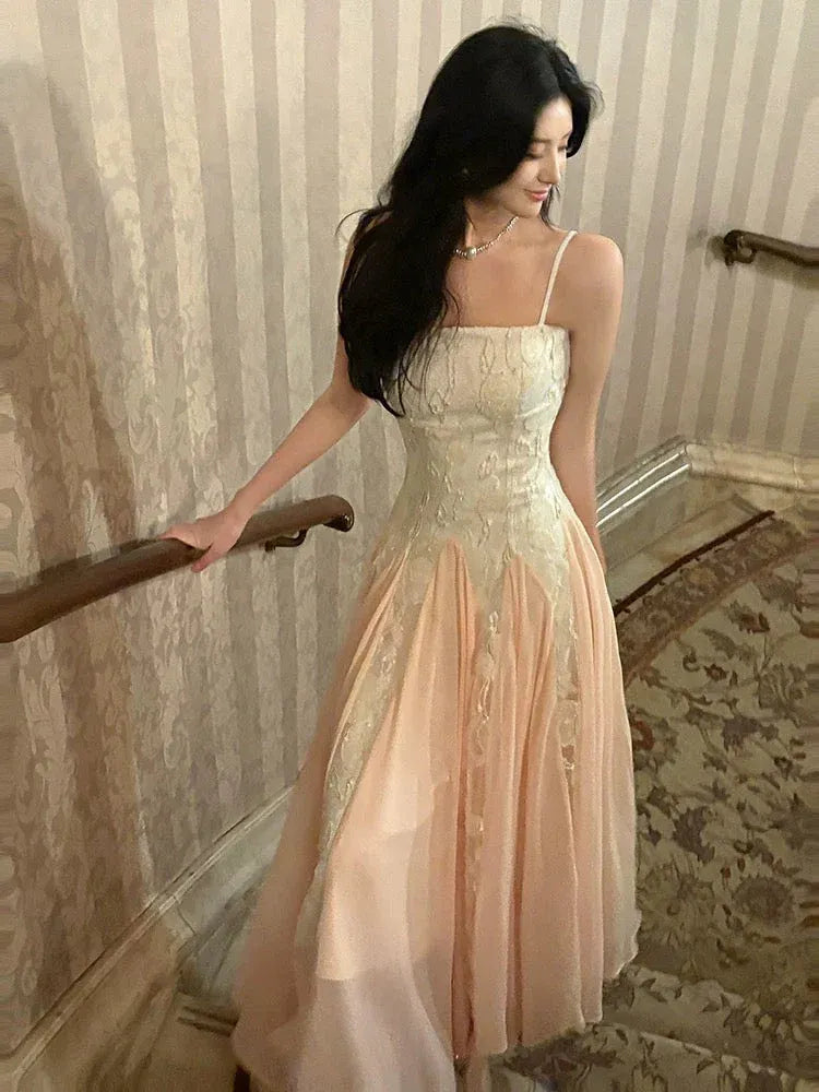 Ethereal A-line Square-Neck Sleeveless Lace-Accented Blush Maxi Prom Dress for Women Custom