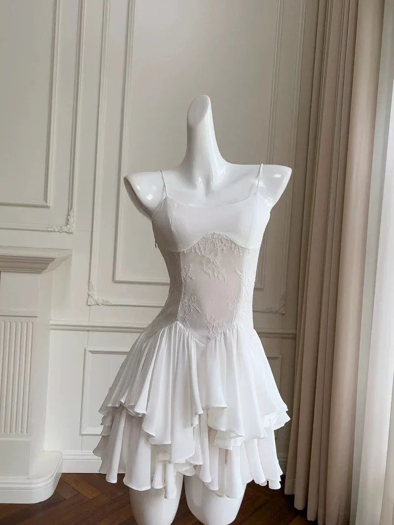 Ethereal A-line Square Neck Sleeveless Lace Ruffle White Mini Homecoming Dress For Women Ready To Ship