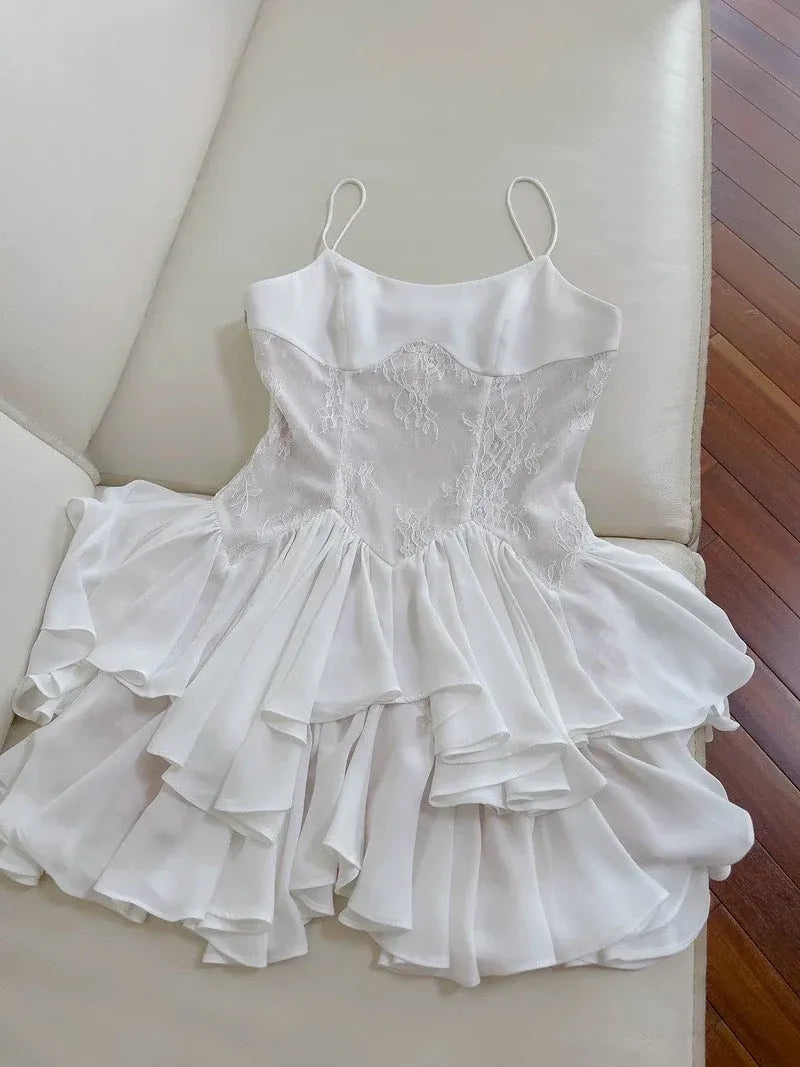 Ethereal A-line Square Neck Sleeveless Lace Ruffle White Mini Homecoming Dress For Women Ready To Ship