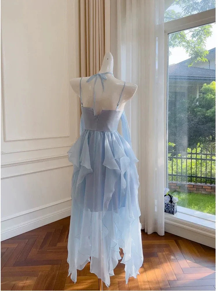 Ethereal A-line Sweetheart Sleeveless Ruffle Sky Blue Midi Prom Dress For Women Ready To Ship
