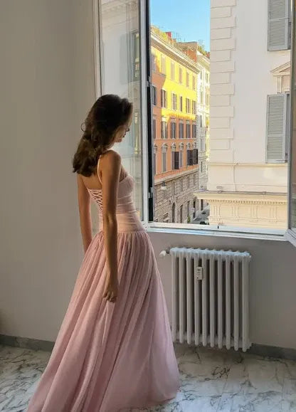 Ethereal A-line Sweetheart Sleeveless Sheer Pink Maxi Prom Dress for Women Custom