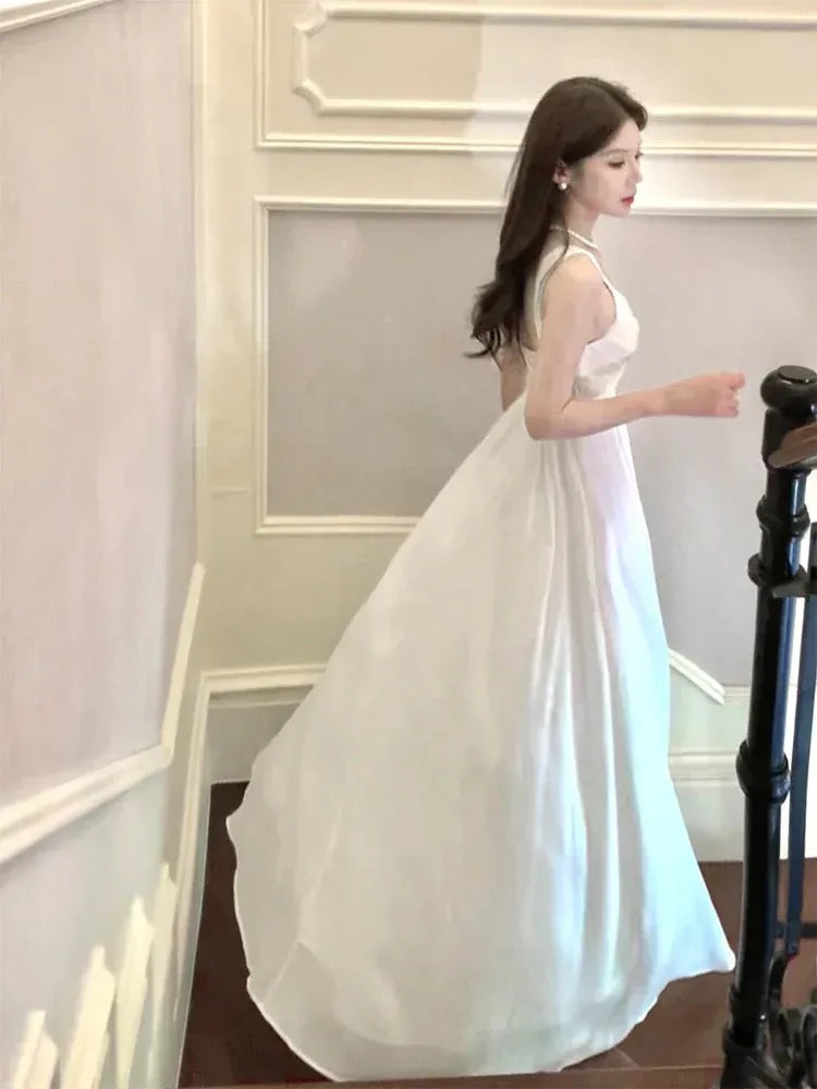 Ethereal A-line Sweetheart Sleeveless Twisted White Maxi Prom Dress for Women Ready to Ship