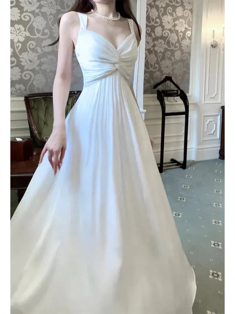 Ethereal A-line Sweetheart Sleeveless Twisted White Maxi Prom Dress for Women Ready to Ship