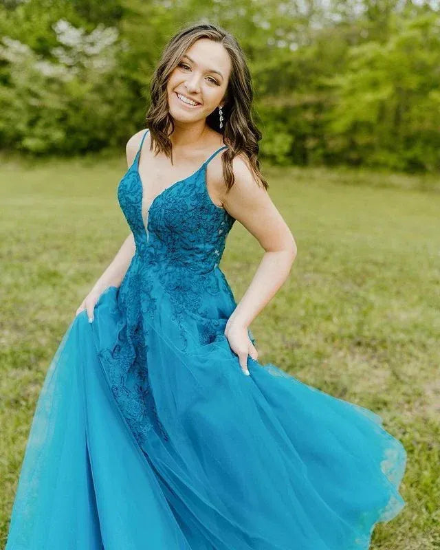Ethereal A-line V-Neck Sleeveless Lace-Accented Teal Maxi Prom Dress for Women Custom