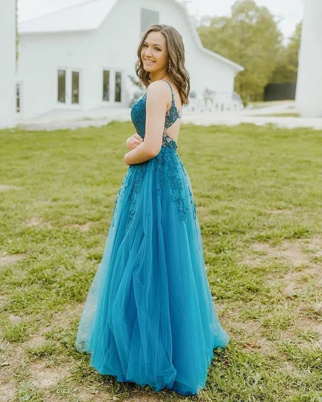 Ethereal A-line V-Neck Sleeveless Lace-Accented Teal Maxi Prom Dress for Women Custom