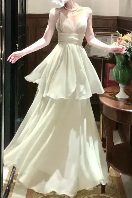 Ethereal A-line V-Neck Sleeveless Tiered Ivory Maxi Prom Dress for Women Custom