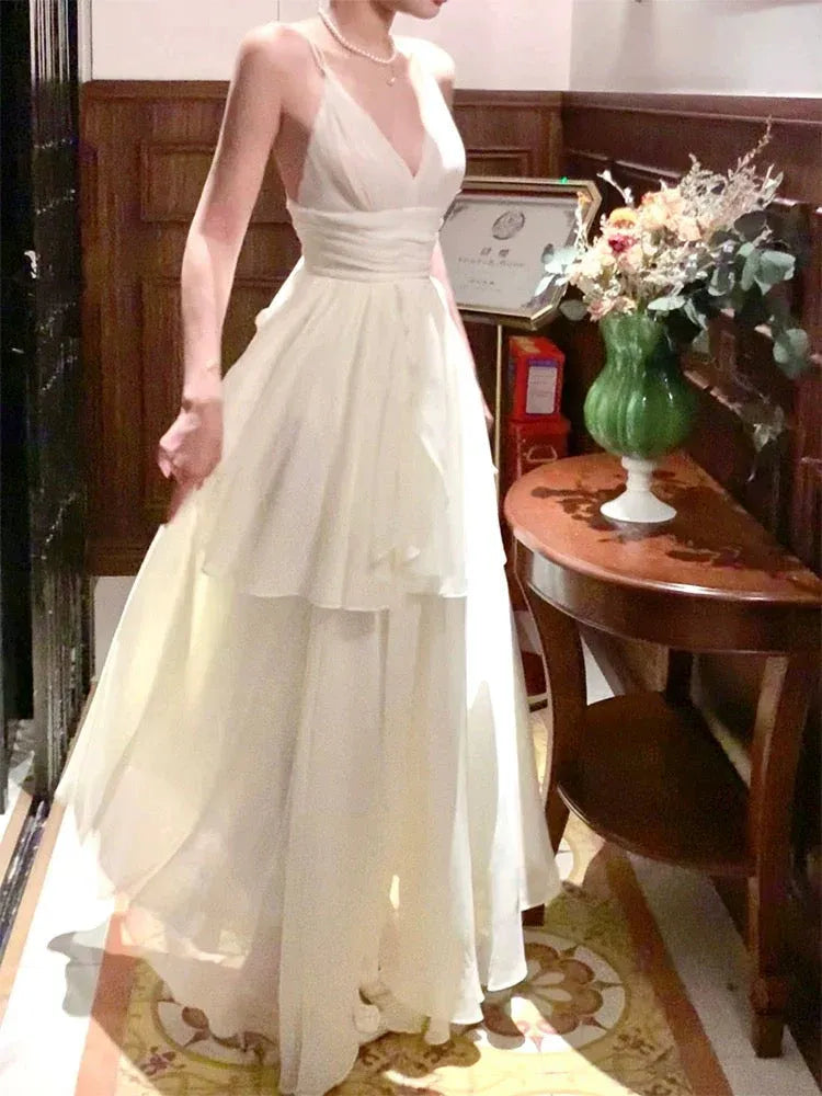Ethereal A-line V-Neck Sleeveless Tiered Ivory Maxi Prom Dress for Women Custom