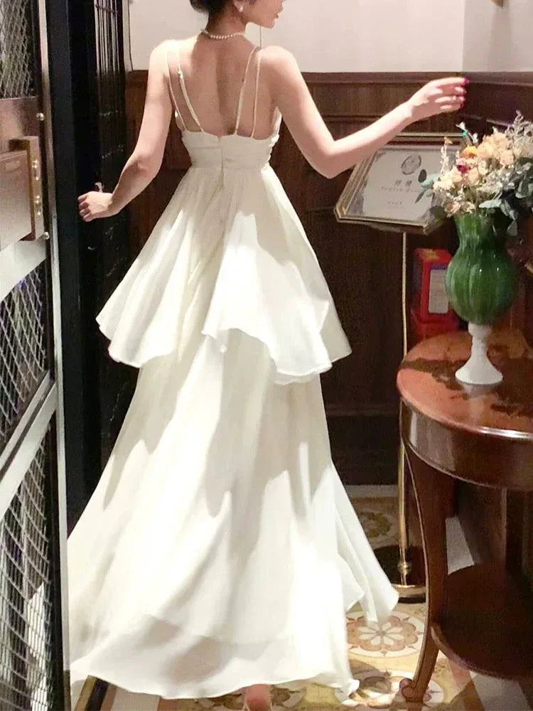 Ethereal A-line V-Neck Sleeveless Tiered Ivory Maxi Prom Dress for Women Custom