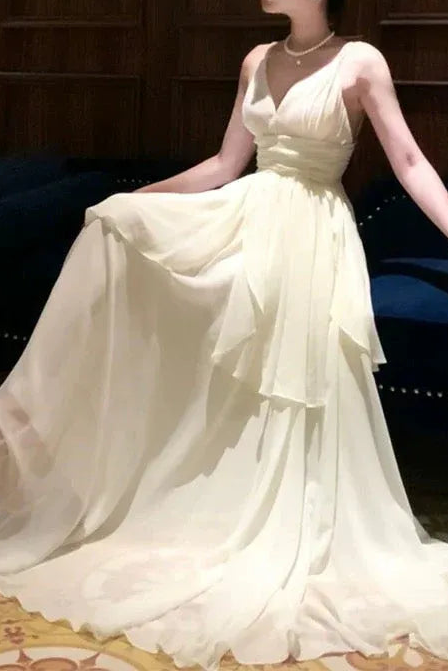 Ethereal A-line V-Neck Sleeveless Tiered Ivory Maxi Prom Dress for Women Custom
