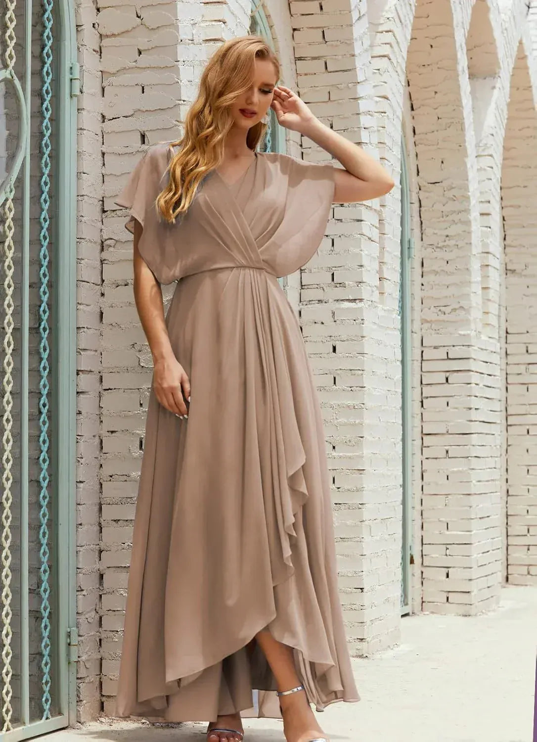 Ethereal A-line V-neck Flutter-sleeve Ruched Taupe Floor-length Mother of the Bride Dresses for Women Ready to Ship