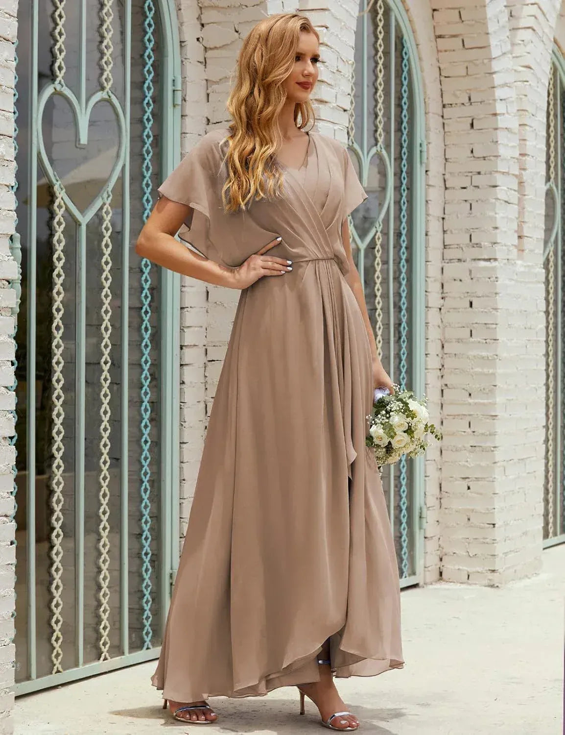 Ethereal A-line V-neck Flutter-sleeve Ruched Taupe Floor-length Mother of the Bride Dresses for Women Ready to Ship