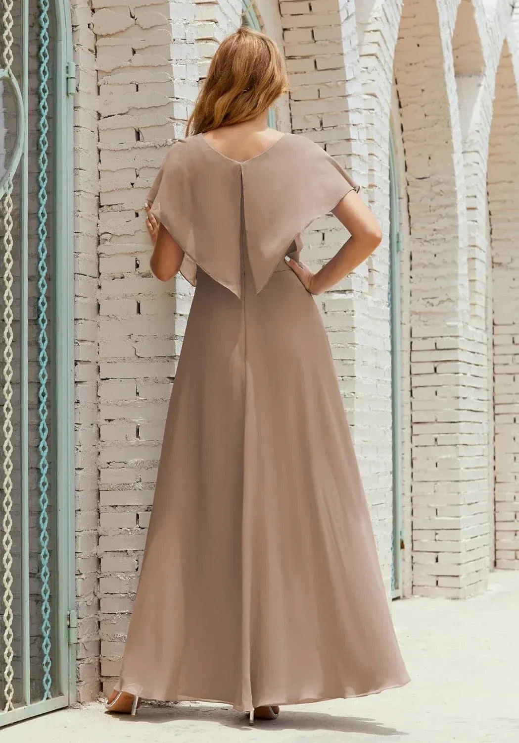 Ethereal A-line V-neck Flutter-sleeve Ruched Taupe Floor-length Mother of the Bride Dresses for Women Ready to Ship