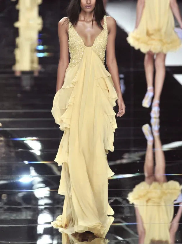 Ethereal A Line V Neck Sequins Layers Ruffled Chiffon Yellow Maxi Prom Dress