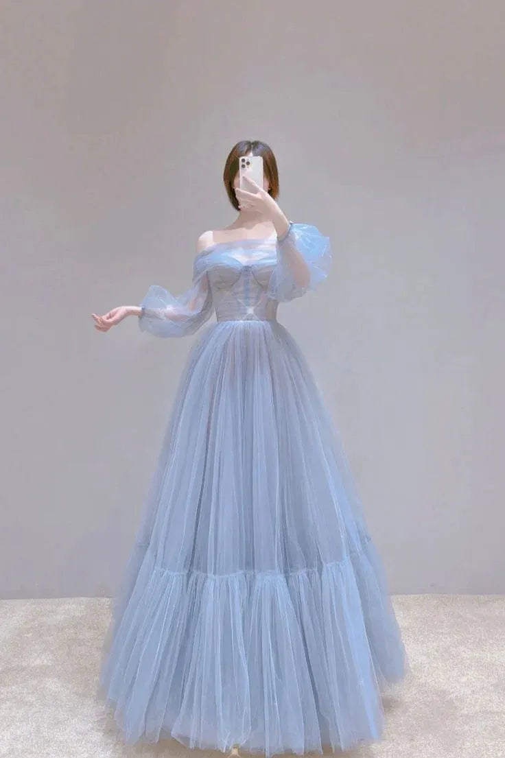 Ethereal Ballgown Off-Shoulder Long-Sleeve Bow-Accent Tulle Sky-Blue Floor-Length Evening Dress for Women