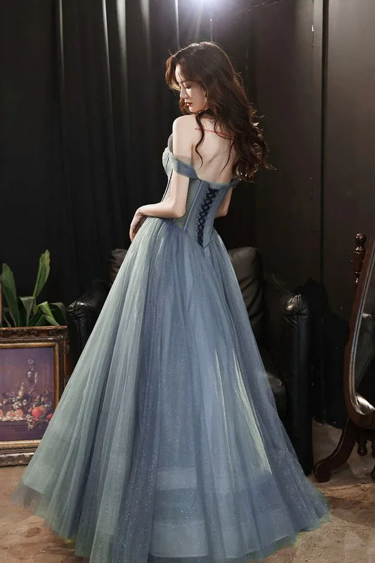 Ethereal Ballgown Off-Shoulder Sleeveless Tulle-Lace Dusty Blue Maxi Evening Dress for Women