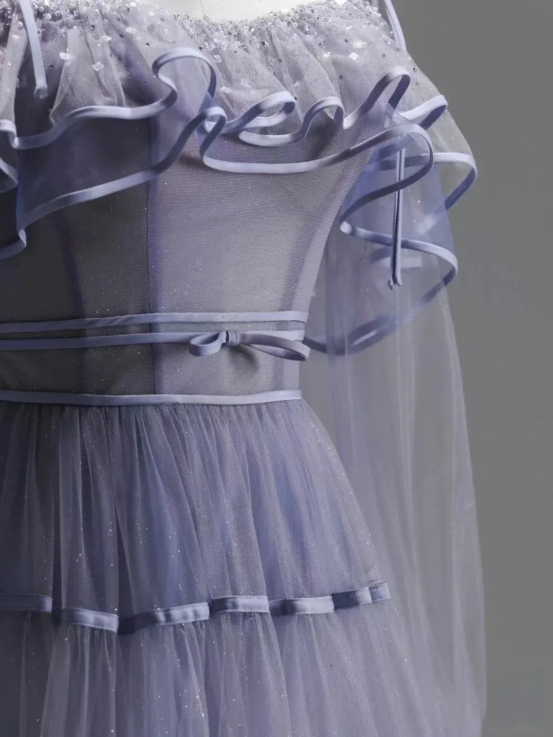 Ethereal Ballgown Square-Neck Ruffled Tulle Lavender Floor-Length Prom Dress for Women