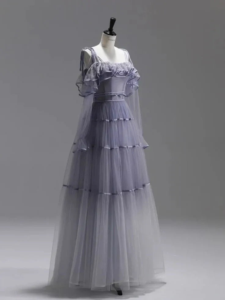 Ethereal Ballgown Square-Neck Ruffled Tulle Lavender Floor-Length Prom Dress for Women