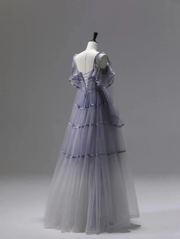 Ethereal Ballgown Square-Neck Ruffled Tulle Lavender Floor-Length Prom Dress for Women