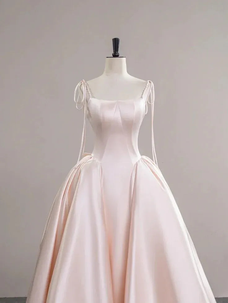 Ethereal Ballgown Square-Neck Sleeveless Bow-Accented Blush Maxi Prom Dress for Women Custom