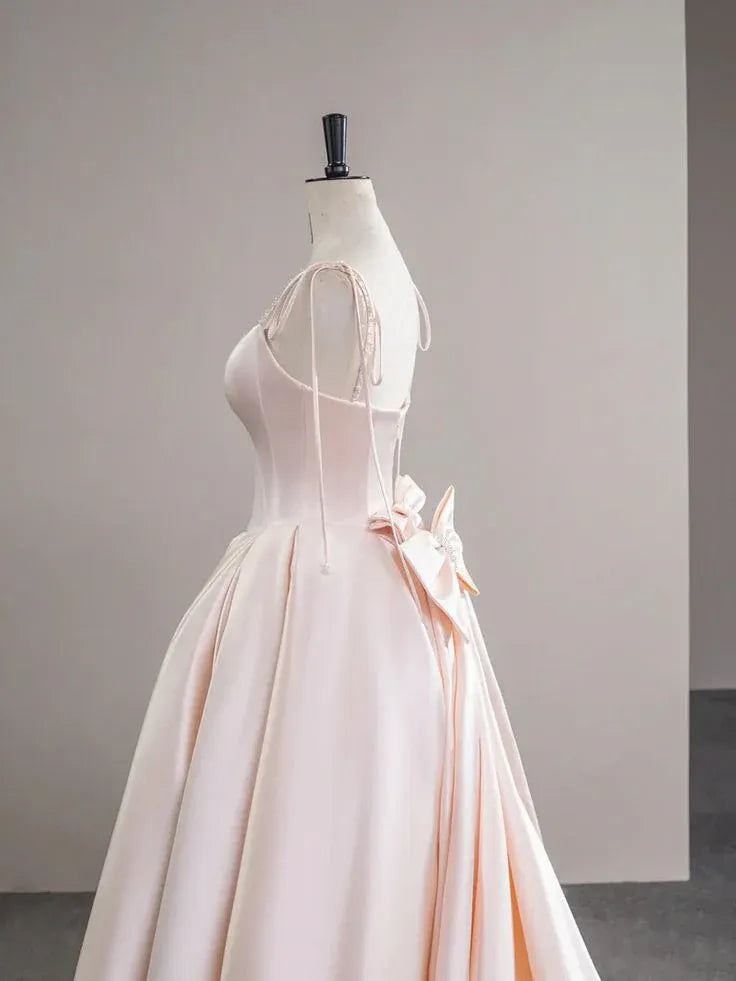 Ethereal Ballgown Square-Neck Sleeveless Bow-Accented Blush Maxi Prom Dress for Women Custom