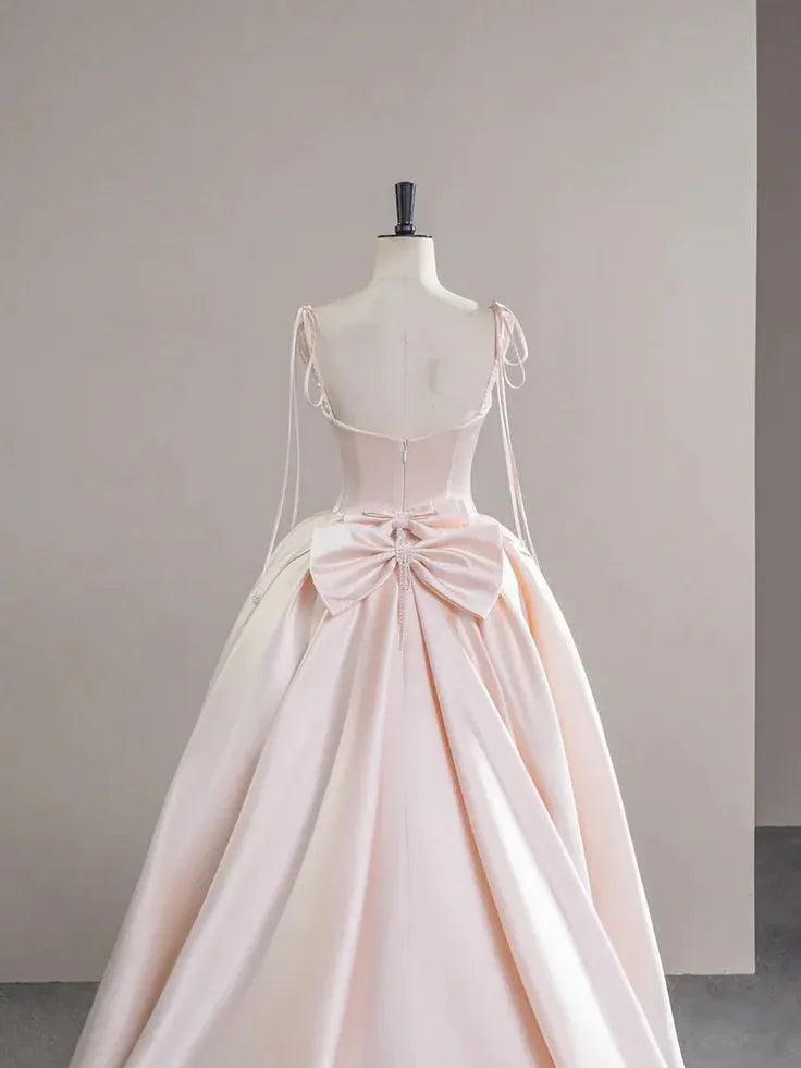 Ethereal Ballgown Square-Neck Sleeveless Bow-Accented Blush Maxi Prom Dress for Women Custom