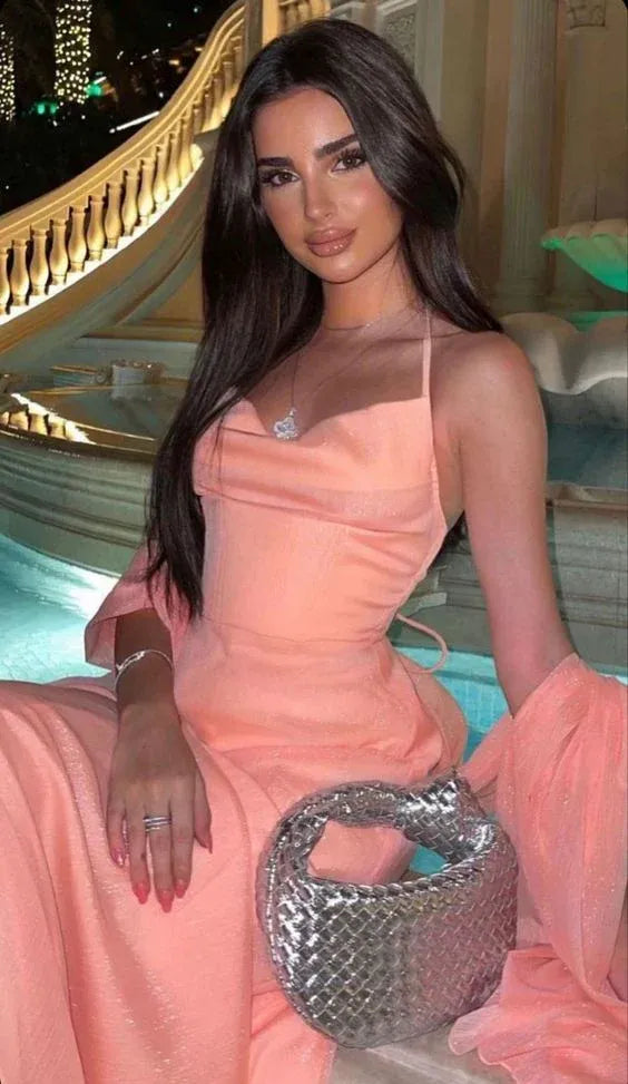 Ethereal Chiffon Floor-Length Evening Dress Coral Halter Sleeveless for Women