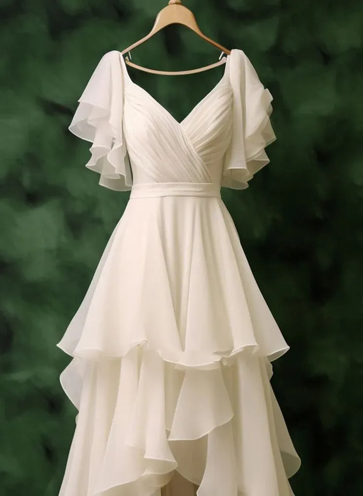 Ethereal Chiffon High-Low Evening Dress Ivory V-Neck Ruffled-Sleeve for Women