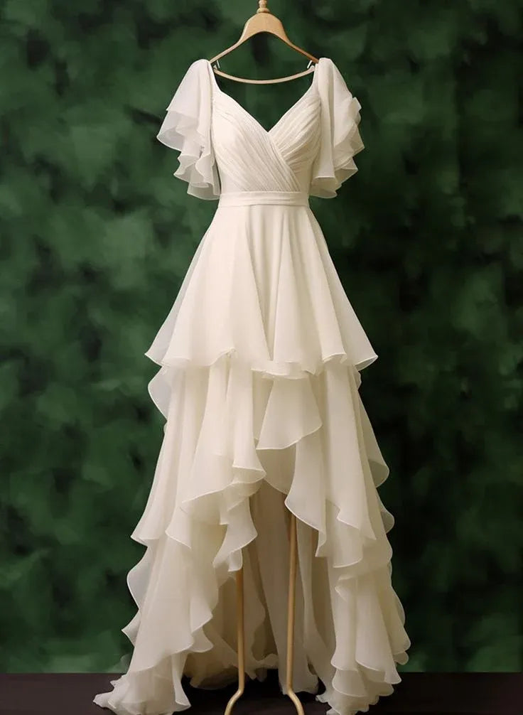 Ethereal Chiffon High-Low Evening Dress Ivory V-Neck Ruffled-Sleeve for Women