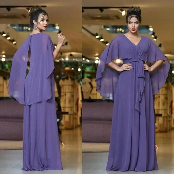 Ethereal Chiffon Long Evening Dress Lavender V-Neck Cape-Sleeve for Women
