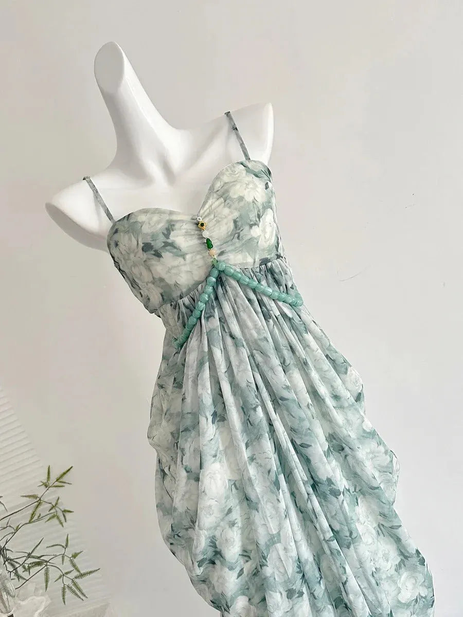 Ethereal Empire-Waist Sweetheart-Neck Sleeveless Floral Chiffon Sage Maxi Evening Dress for Women
