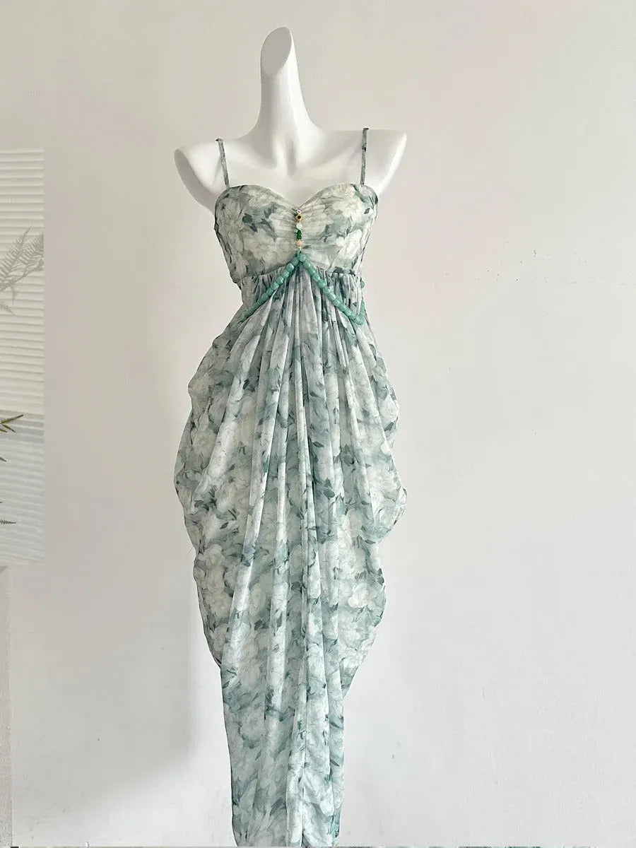 Ethereal Empire-Waist Sweetheart-Neck Sleeveless Floral Chiffon Sage Maxi Evening Dress for Women