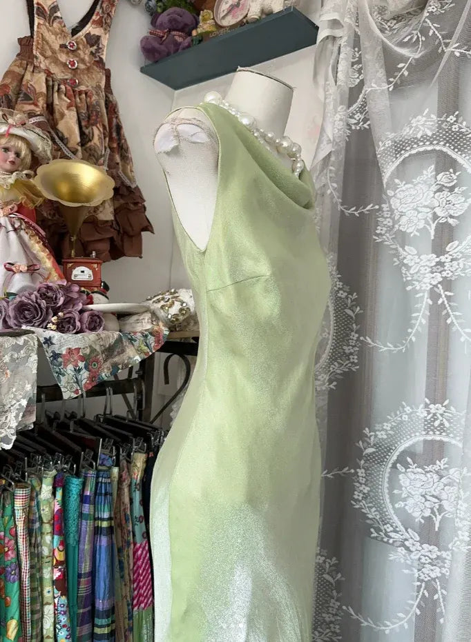 Ethereal Mermaid Cowl-Neck Sleeveless Shimmering Lime Maxi Prom Dress for Women Ready to Ship