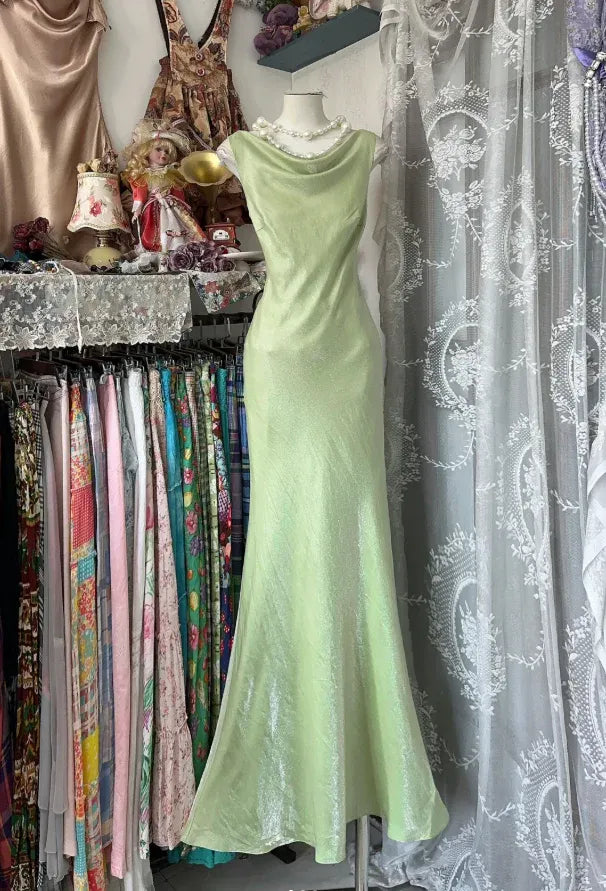 Ethereal Mermaid Cowl-Neck Sleeveless Shimmering Lime Maxi Prom Dress for Women Ready to Ship