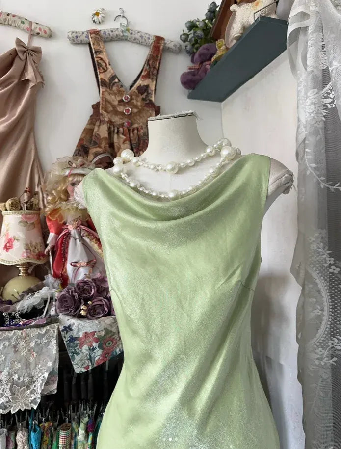 Ethereal Mermaid Cowl-Neck Sleeveless Shimmering Lime Maxi Prom Dress for Women Ready to Ship