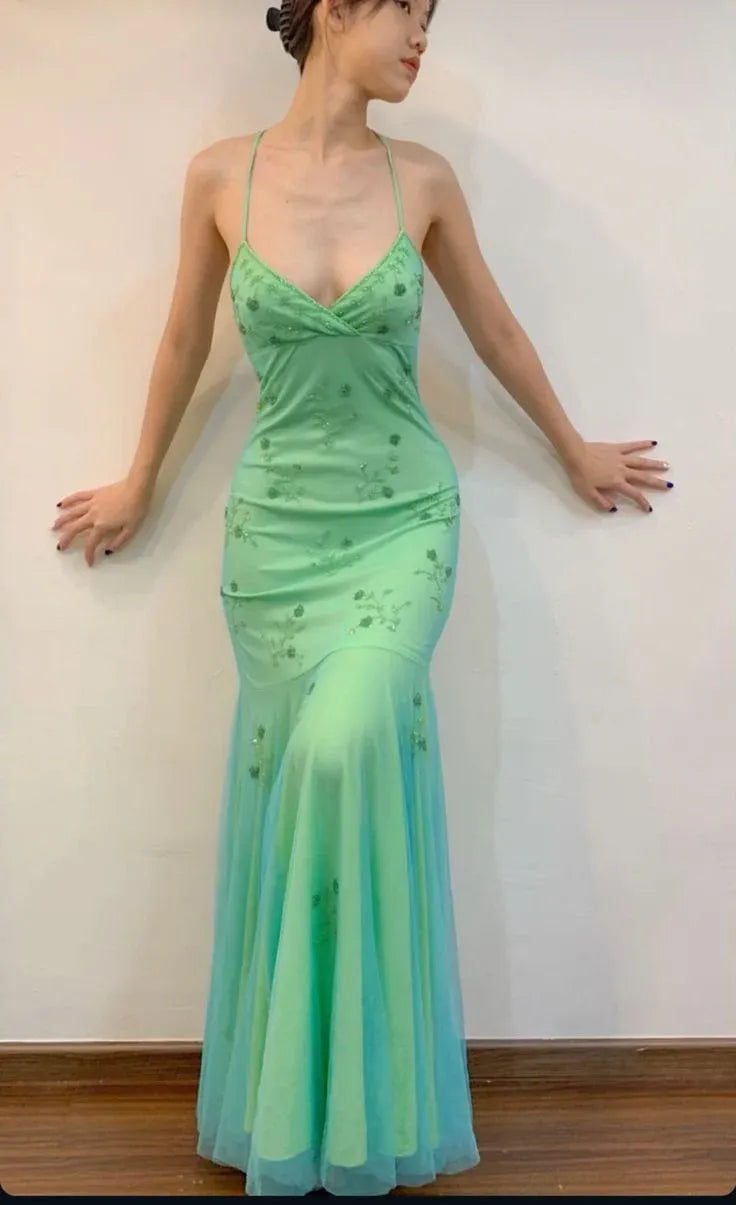 Ethereal Mermaid Halter Neck Sleeveless Embellished Ombre Green Maxi Prom Dress for Women Hot Sale