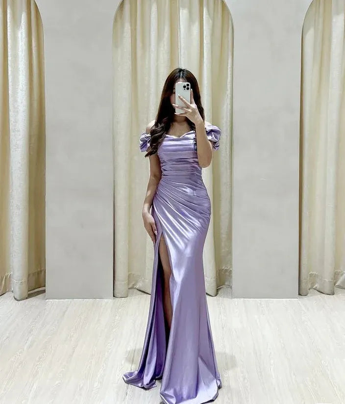 Ethereal Mermaid Off-Shoulder Ruched Satin Lavender Maxi Evening Dress for Women