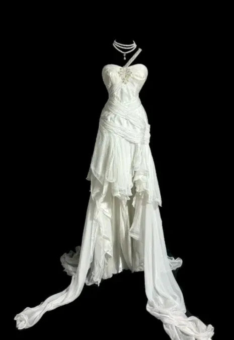 Ethereal Mermaid One-Shoulder Sleeveless Cutout Chiffon White Train Evening Dress