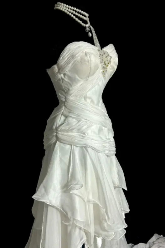 Ethereal Mermaid One-Shoulder Sleeveless Cutout Chiffon White Train Evening Dress