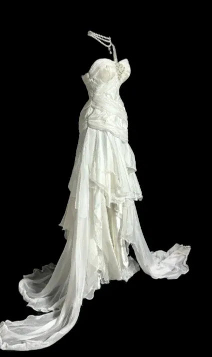 Ethereal Mermaid One-Shoulder Sleeveless Cutout Chiffon White Train Evening Dress