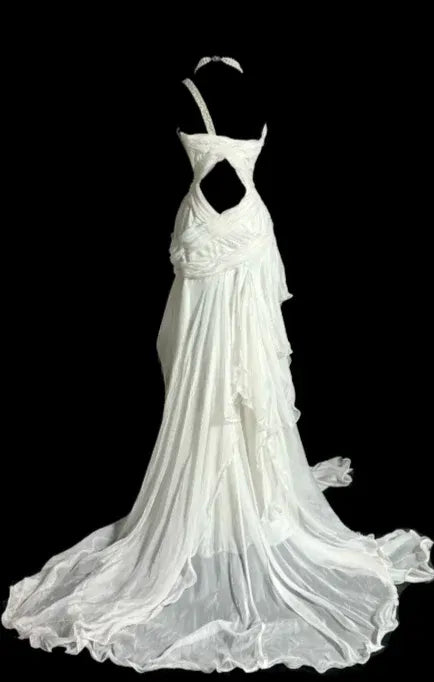 Ethereal Mermaid One-Shoulder Sleeveless Cutout Chiffon White Train Evening Dress