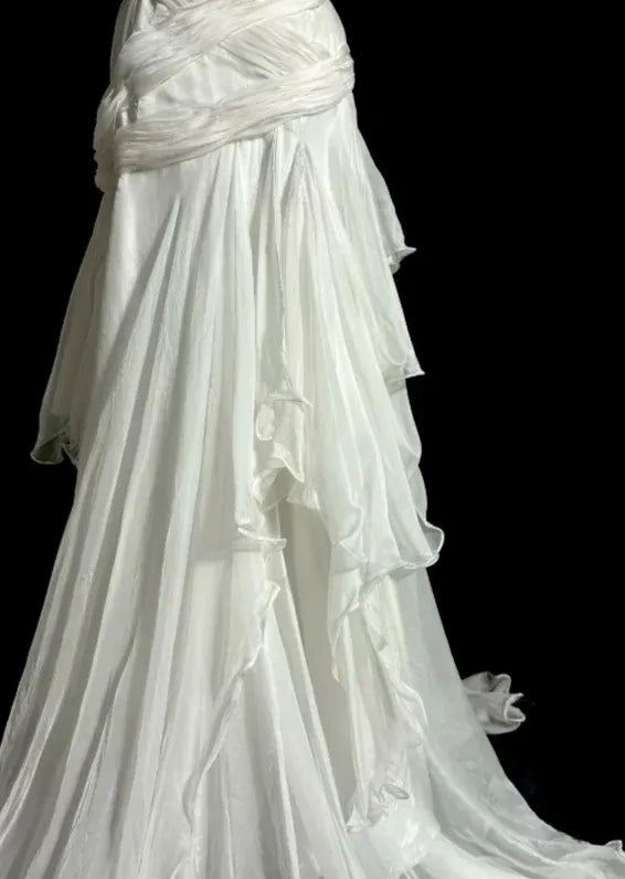 Ethereal Mermaid One-Shoulder Sleeveless Cutout Chiffon White Train Evening Dress