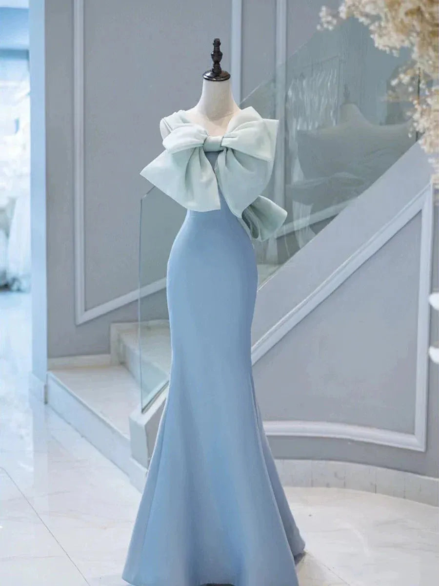 Ethereal Mermaid Spaghetti-Strap Bow-Accent Satin Blue-Green Floor-Length Evening Dress for Women