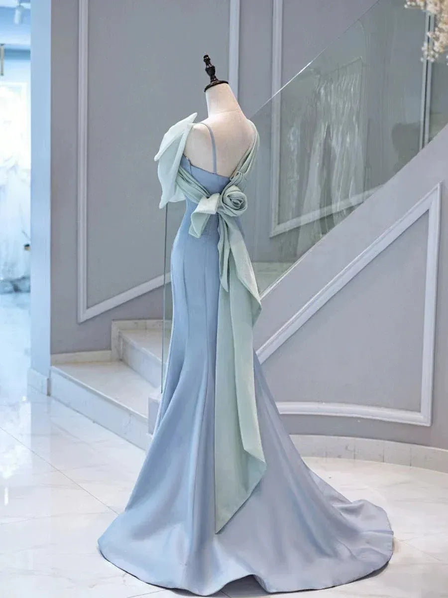 Ethereal Mermaid Spaghetti-Strap Bow-Accent Satin Blue-Green Floor-Length Evening Dress for Women